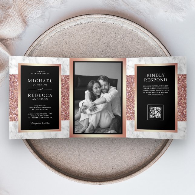 Invitation Trois Volets Rose Gold Noir Code QR Mariage en Marbre Blanc (Créateur téléchargé)