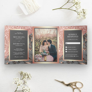 Invitation Trois Volets Rose Gold Pailleté Ardoise Gris Marbre Photo Maria