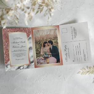 Invitation Trois Volets Rose Gold Pailleté Marbre Blanc Tout en Un Mariage