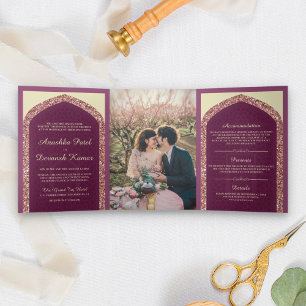 Invitation Trois Volets Rose Gold Pailleté Mauve Foncé Mariage Indien