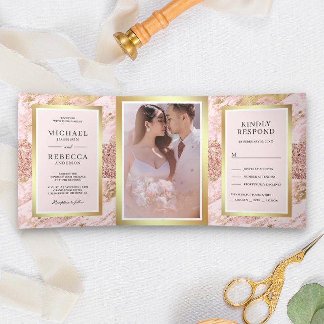 Invitation Trois Volets Rose Gold Parties scintillant Blush Pink Marble Ph (Créateur téléchargé)