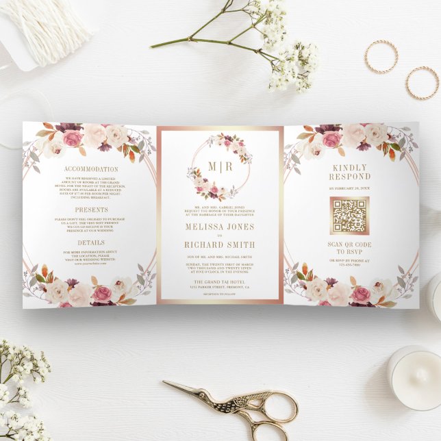 Invitation Trois Volets Rose Gold Poussière Rose Floral QR Code Mariage (Créateur téléchargé)