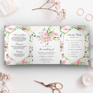 Invitation Trois Volets Rose Magnolia Printemps Floral Tout en un Mariage