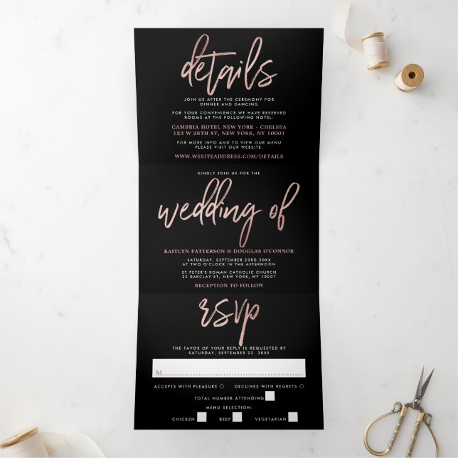 Invitation Trois Volets Rose moderne Gold Foil Script Mariage Suite (Intérieur)