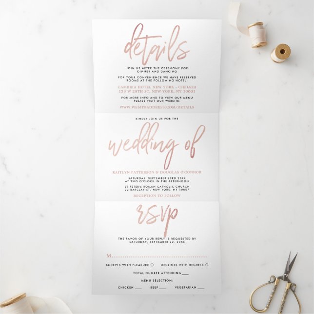 Invitation Trois Volets Rose moderne Gold Foil Script Mariage Suite (Intérieur)