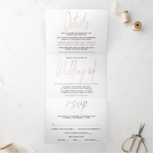 Invitation Trois Volets Rose moderne Gold Foil Script Mariage Suite