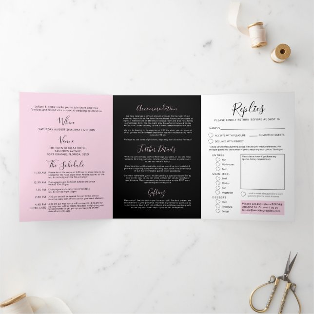 Invitation Trois Volets Rose, noir blanc petit coeur mariage tout-en-un (Intérieur)