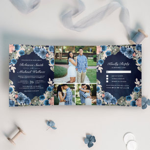 Invitation Trois Volets Rose Pâle Bleu Marine Floral Nuit Photo Mariage