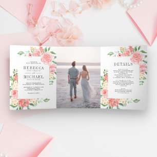 Invitation Trois Volets Rose Pâle Fleurie Jardin de Roses Photo Mariage