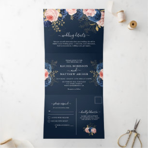 Invitation Trois Volets Rose Pâle & Fleurs Navales Mariage Élégant