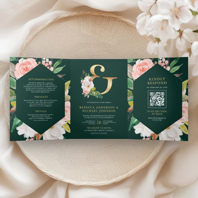 Invitation Trois Volets Rose Pâle Floral Émeraude Vert Code QR Mariage (Créateur téléchargé)