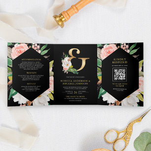 Invitation Trois Volets Rose Pâle Floral Esperluette Code QR Noir Mariage