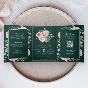 Invitation Trois Volets Rose Pâle Floral Eucalyptus Vert Émeraude Mariage
