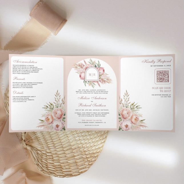 Invitation Trois Volets Rose Pâle Florale Pampas Code QR Mariage Poussiére (Créateur téléchargé)
