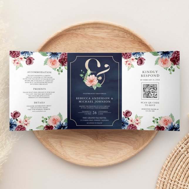 Invitation Trois Volets Rose Pâle Marine Bourgogne Floral Code QR Mariage (Créateur téléchargé)