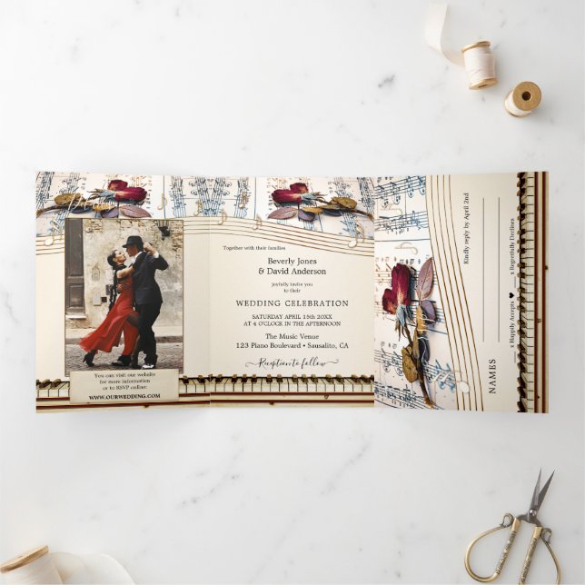 Invitation Trois Volets Rose photo Mariage de musique tout en un (Intérieur)