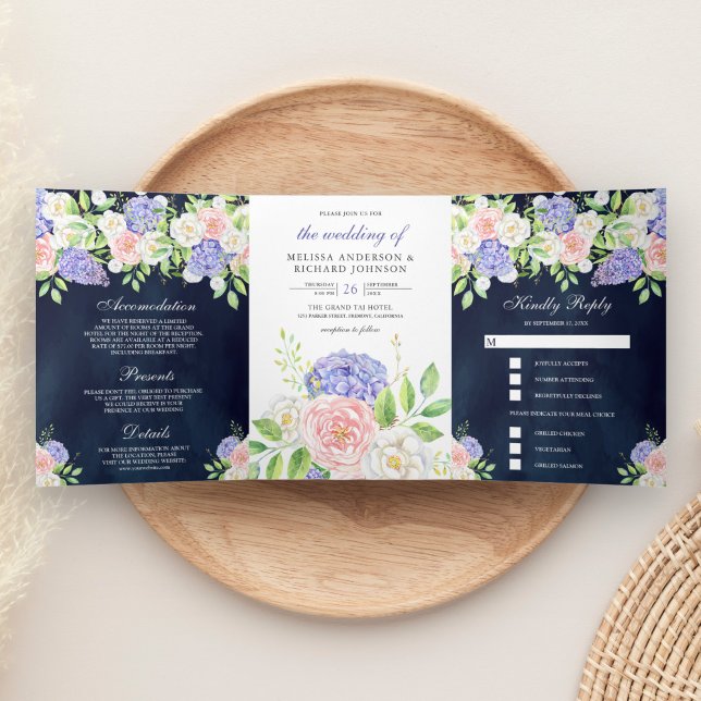 Invitation Trois Volets Rose Poudrée Hydrangea Violette Mariage Bleu Nuit (Créateur téléchargé)