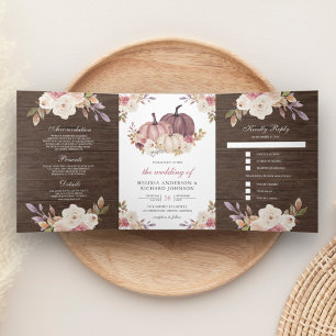 Invitation Trois Volets Rose Poussiéreuse Fleurs d'Ivoire en Bois pour Mar