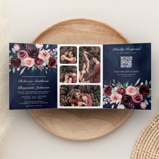 Invitation Trois Volets Rose Poussiéreux Bourgogne Floral Code QR Nuit de  (Créateur téléchargé)