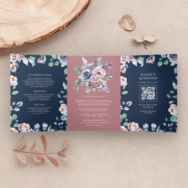 Invitation Trois Volets Rose Poussiéreux Floral Bleu Marine Code QR Mariag (Créateur téléchargé)