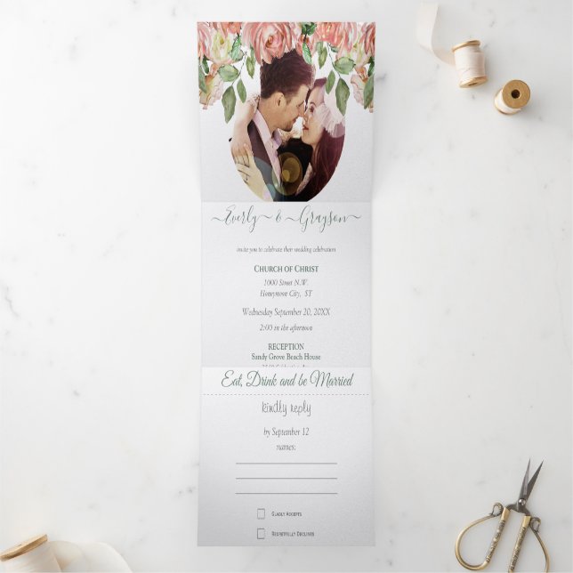 Invitation Trois Volets Rose rose et vert Boho Mariage Floral (Intérieur)