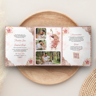 Invitation Trois Volets Rose Rose Or dentelle Florale Indien Mariage Peaco