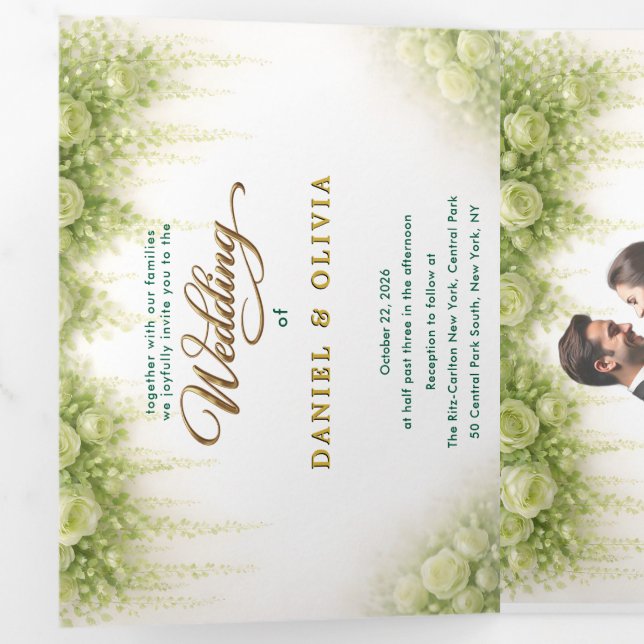 Invitation Trois Volets Rose verte élégante avec superposition dorée botan (Intérieur en premier)