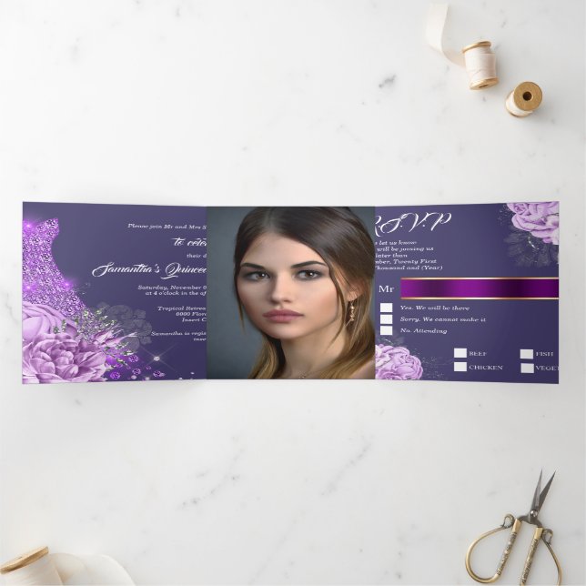 Invitation Trois Volets Rose violet argent floral PHOTO femmes anniversair (Intérieur)