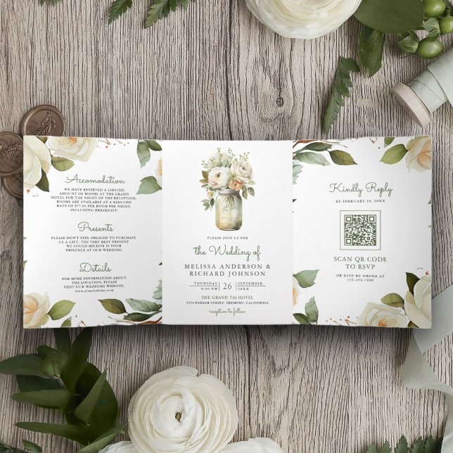 Invitation Trois Volets Roses Blanches Feuilles de Sauge Pot Mason Code QR (Créateur téléchargé)