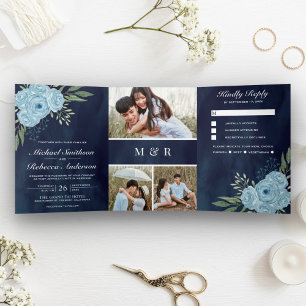 Invitation Trois Volets Roses Bleu Poussiéreux Collage Photo Mariage Bleu 