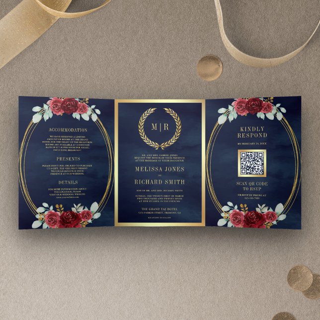 Invitation Trois Volets Roses de Bourgogne Tout en Un Code QR Mariage Mari (Créateur téléchargé)