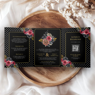 Invitation Trois Volets Roses Florales Bourguignon Tout en Un Mariage Noir