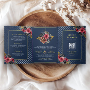 Invitation Trois Volets Roses floraux de Bourgogne tous en un Mariage bleu