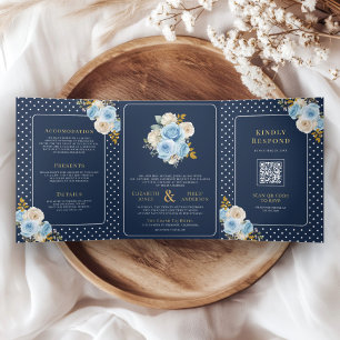 Invitation Trois Volets Roses floraux d'ivoire bleu en un seul Mariage de