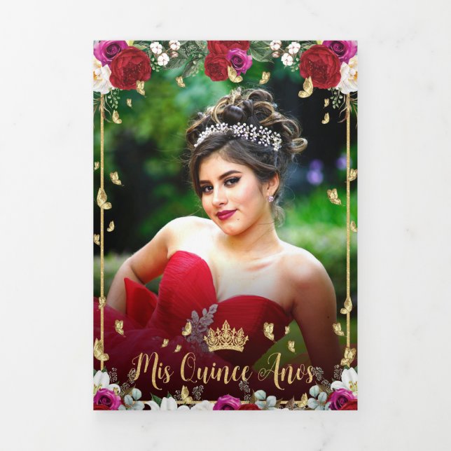 Invitation Trois Volets Roses Fuchsia Rouge Papillons d'Or Quinceañera (Page de couverture)