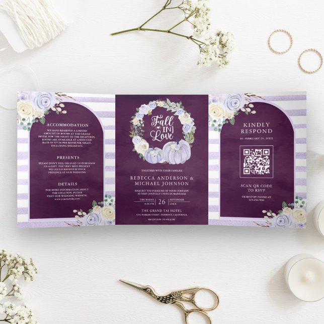 Invitation Trois Volets Roses Lilas Code QR Citrouille Mariage Prune (Créateur téléchargé)