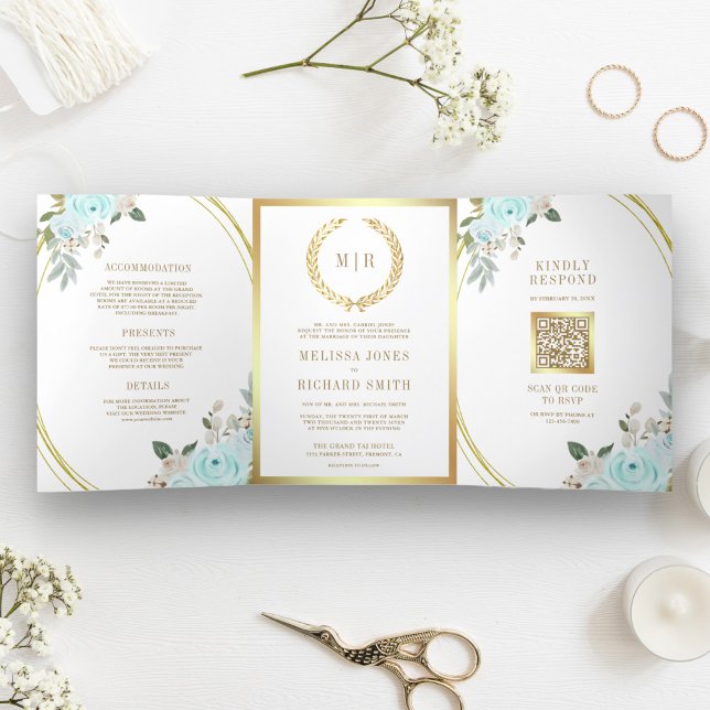 Invitation Trois Volets Roses Menthe Pastel Tout en Un Code QR Mariage (Créateur téléchargé)