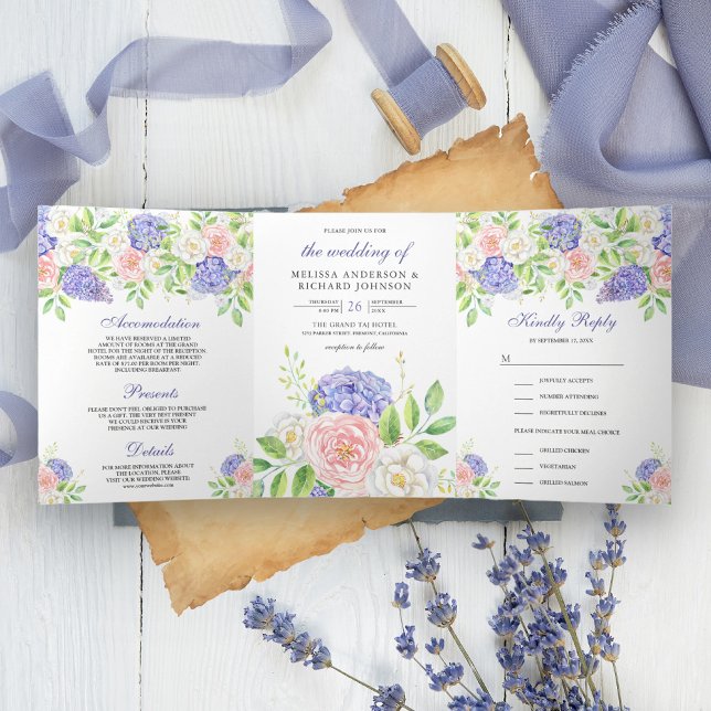 Invitation Trois Volets Roses Rose Pâle Hydrangeas Violettes Fleurs Mariag (Créateur téléchargé)