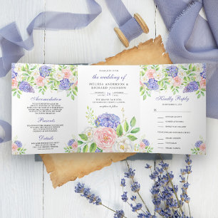 Invitation Trois Volets Roses rose pâle Roses violettes Hydrangea Mariage 
