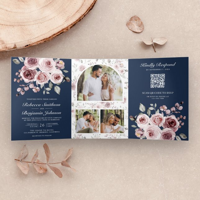 Invitation Trois Volets Roses Rose Poussiéreux Bleu Marine Code QR Mariage (Créateur téléchargé)