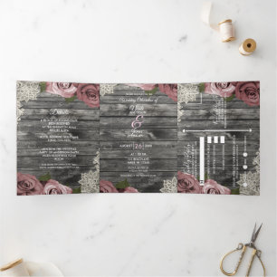 Invitation Trois Volets Roses rose poussiéreux et dentelle Bois rustique g