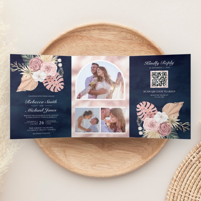 Invitation Trois Volets Roses Rose Poussiéreux Rustique Marine Code QR Mar (Créateur téléchargé)