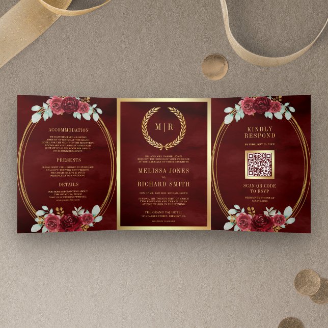 Invitation Trois Volets Roses rouges Bourgogne tout en un Mariage de code  (Créateur téléchargé)
