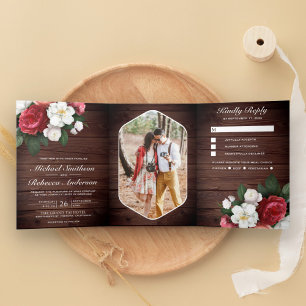 Invitation Trois Volets Roses Rouges et Magnolia Blanc Mariage Rustique en