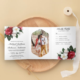 Invitation Trois Volets Roses rouges et magnolia botanique blanc pour mari