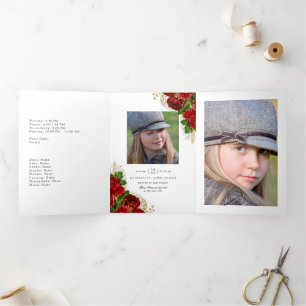 Invitation Trois Volets Roses rouges et or vintage Bourgogne Quinceañera T