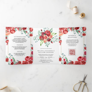 Invitation Trois Volets Roses Rouges Floral Tout en Un Code QR Mariage