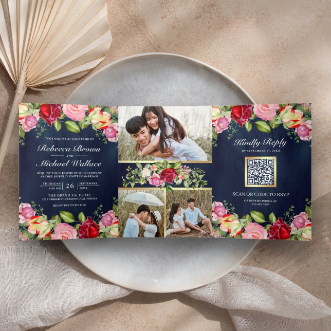 Invitation Trois Volets Roses Rouges Roses Roses Code QR Bleu Nuit Mariage (Créateur téléchargé)