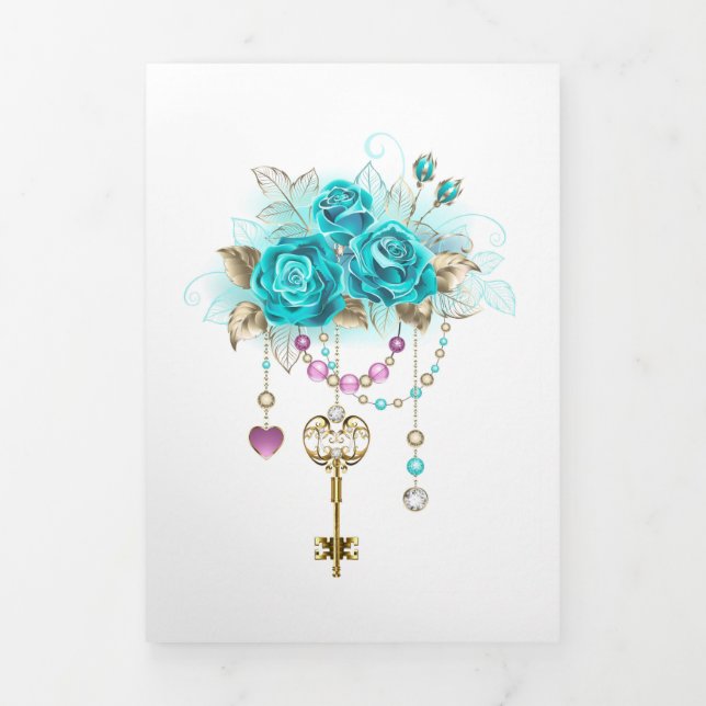 Invitation Trois Volets Roses turquoise avec touches (Page de couverture)