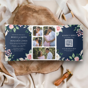 Invitation Trois Volets Rouge à joues Rose Floral Code QR Bleu marine Mari